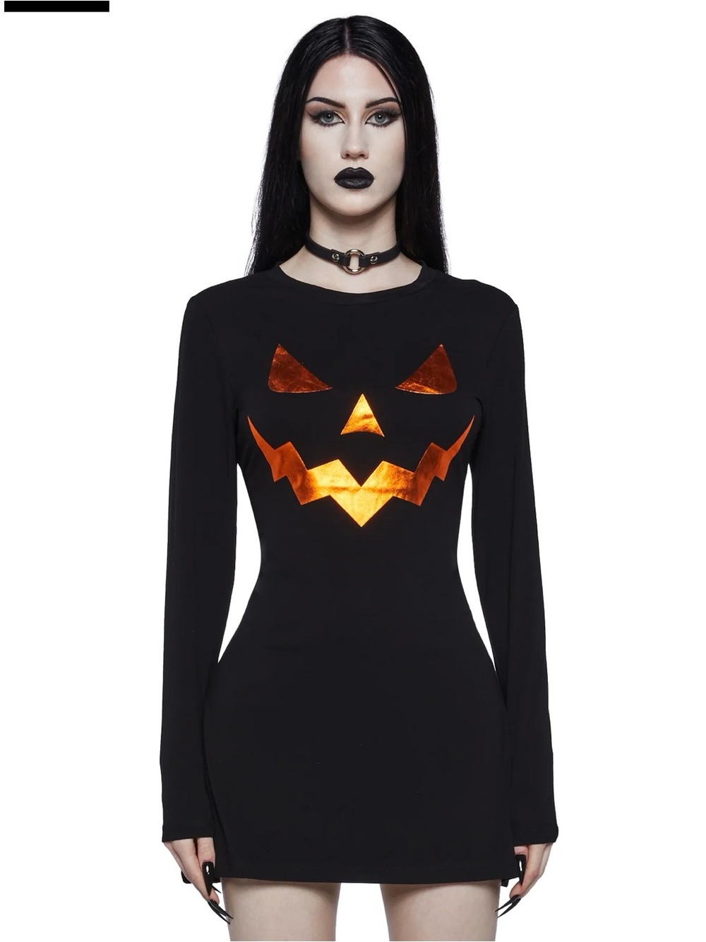 Dolls Kill Black Long-Sleeve Mini Dress with Metallic Orange Jack-O'-Lantern